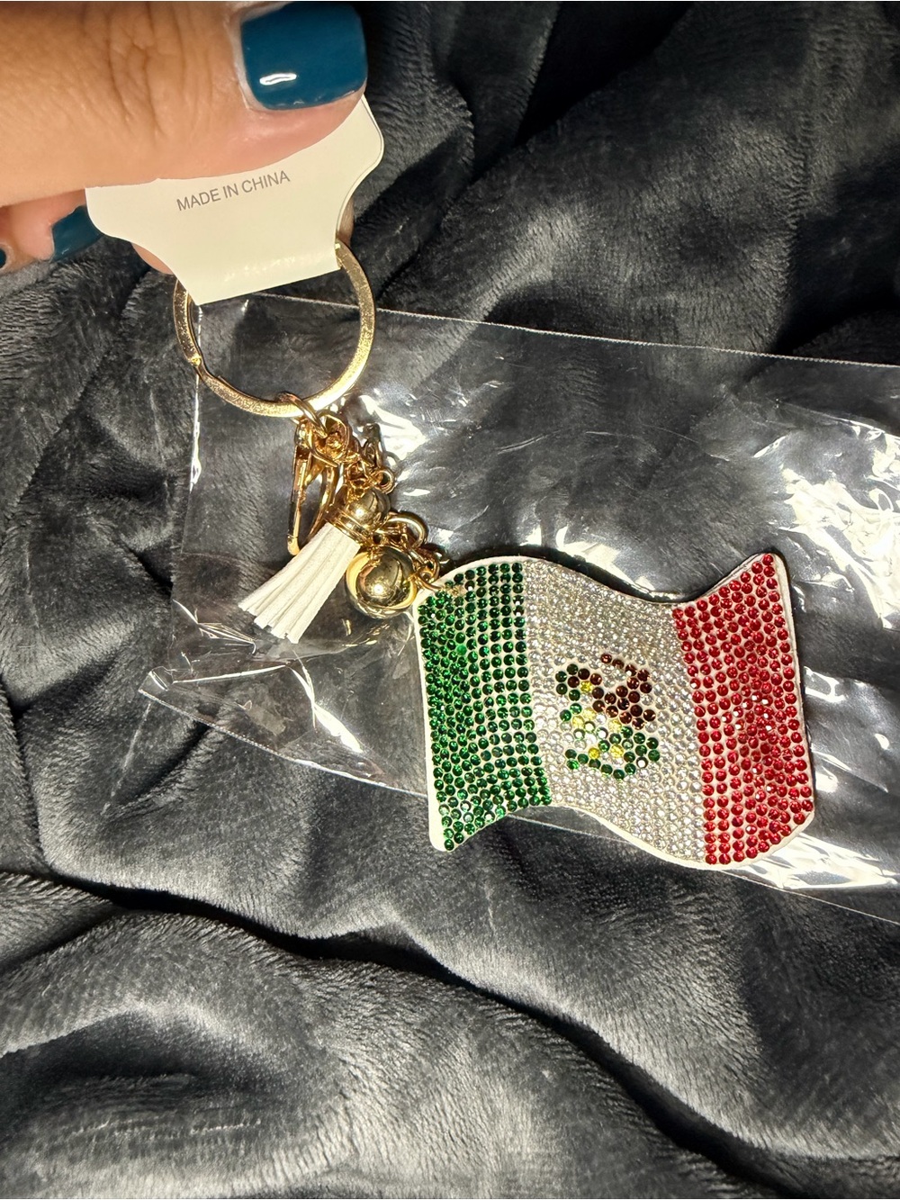 Mexican Flag Rhinestone Keychain with Gold Hardware - Green/White/Red